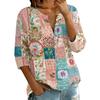 Women's Vintage Floral Print Patchwork Henley Collar Button Down 3/4 Sleeve Cotton Linen Shirt Casual Loose Fit Blouse