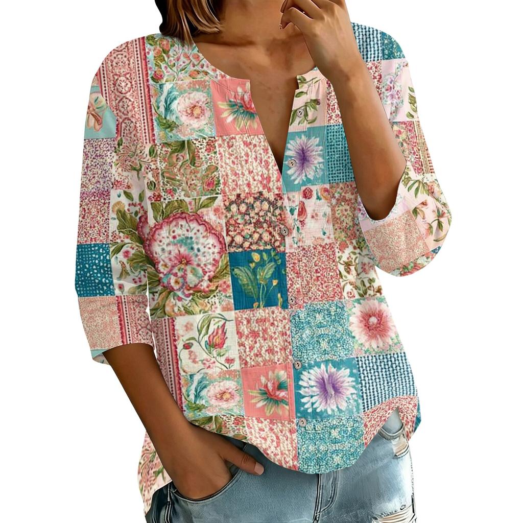 Women's Vintage Floral Print Patchwork Henley Collar Button Down 3/4 Sleeve Cotton Linen Shirt Casual Loose Fit Blouse