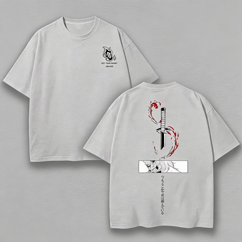 Unisexs Demon Slayer Rengoku TShirt Set Your Heart Ablaze Graphic Pure Cotton Tee Casual Anime Wear for Otaku Daily Campus Home