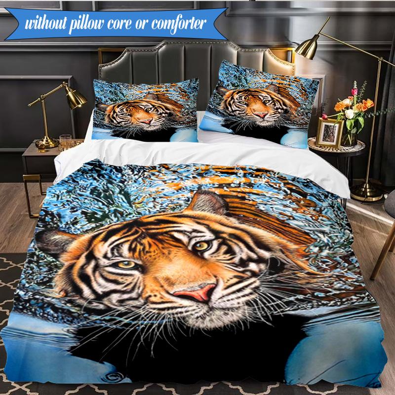 3PCS White Tiger Family Bedding Set,Including 1pc Duvet Cover And 2pcs Pillowcases Perfect for Bedroom, Dormitory, Fan Christmas gift