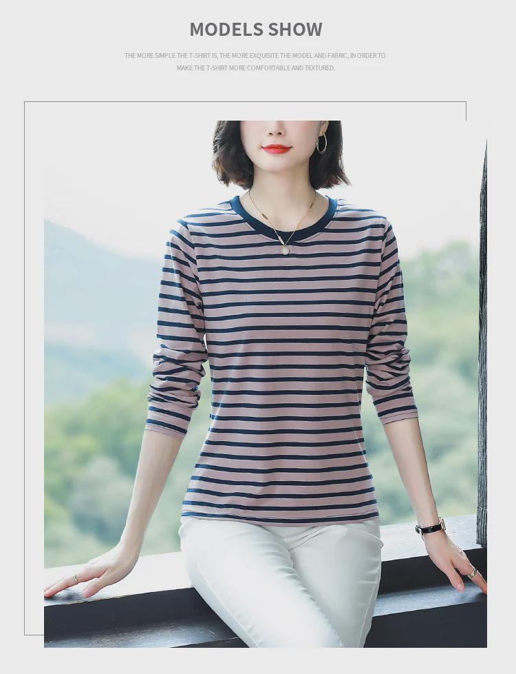 Plus Size Loose-Fit Cotton Striped Long-Sleeve T-Shirt for Middle-Aged & Elderly Women