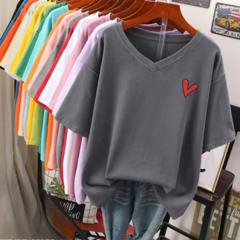 

Женская футболка с коротким рукавом, большого размера, свободная и стройнящая, топ с V-образным вырезом с принтом XL темно серый