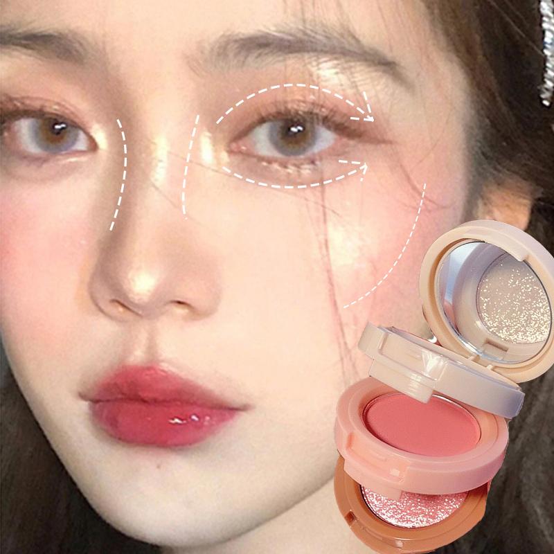 

3 в 1 матовая палитра румян с хайлайтером, жемчужные блестящие тени для век, блестящая многофункциональная палитра для макияжа лица, женская косметика