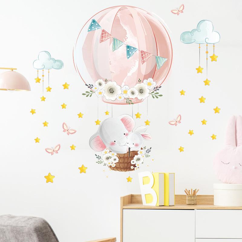 Cartoon Elephant Bunny Hot Air Balloon Wall Stickers, Removable Nursery Kids Room Entrance Wall Decor