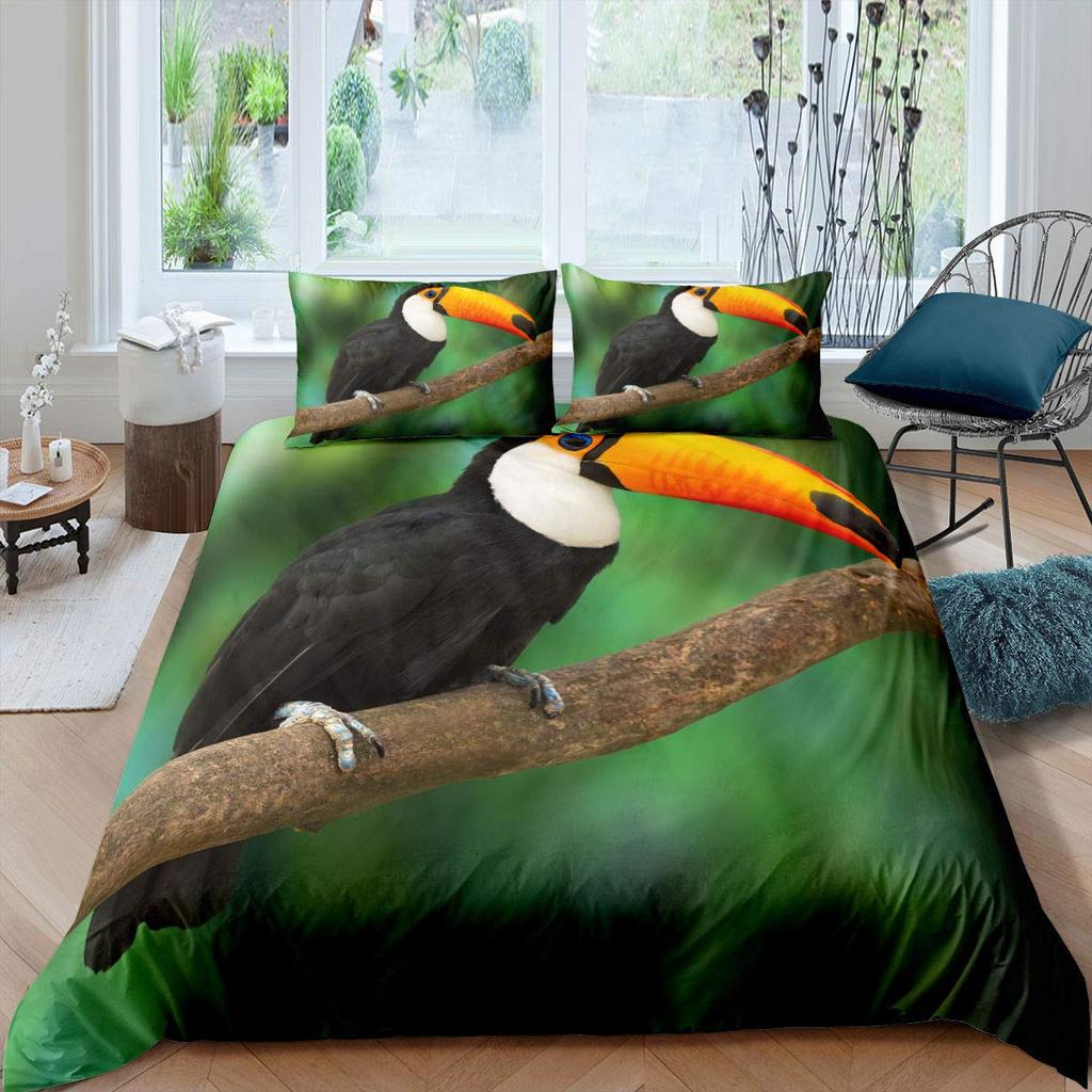 3D Toucan King Queen Duvet Cover Safari Animals Bedding Set Tropical Jungle Birds Quilt Cover Fresh Nature Green Comforter Cover