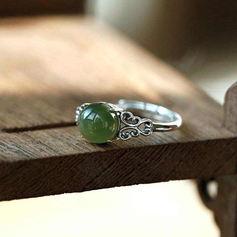 925 Sterling Silver Sapphire Hollow Pattern Retro Literary National Style National Style Live Mouth Ring Adjustable 2026