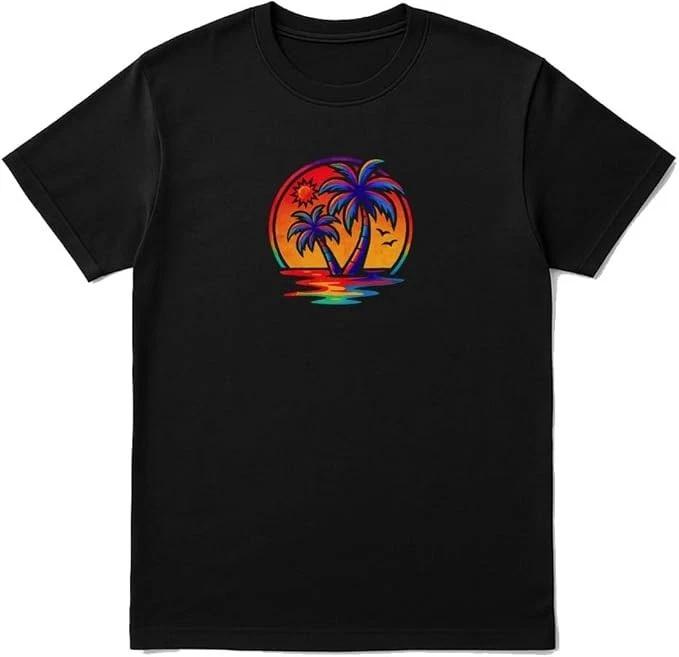 Tropical Sunset Palm Tree T-Shirt – Unisex Black Rainbow Beach Graphic Tee XS