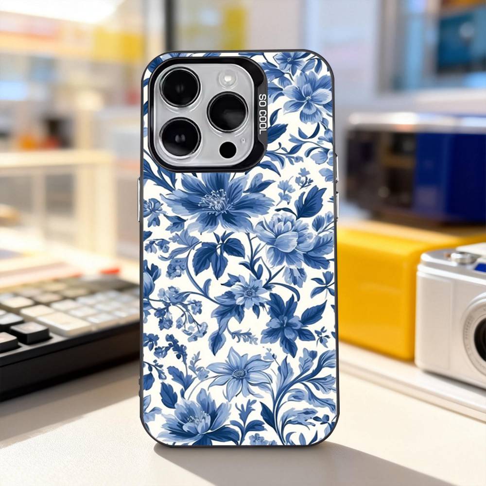Blue White Porcelain Art Phone Case For iPhone 11,12,13,14,15,16,17,Pro,Max,Plus,E,Air,Mini IMD Matte Black