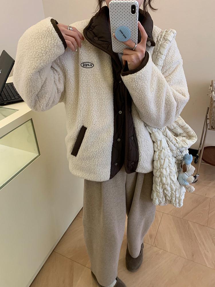 Damen Wendbare Lammwolljacke - Koreanischer Colorblock, Warm, Stehkragen, Winter, Lockere Passform