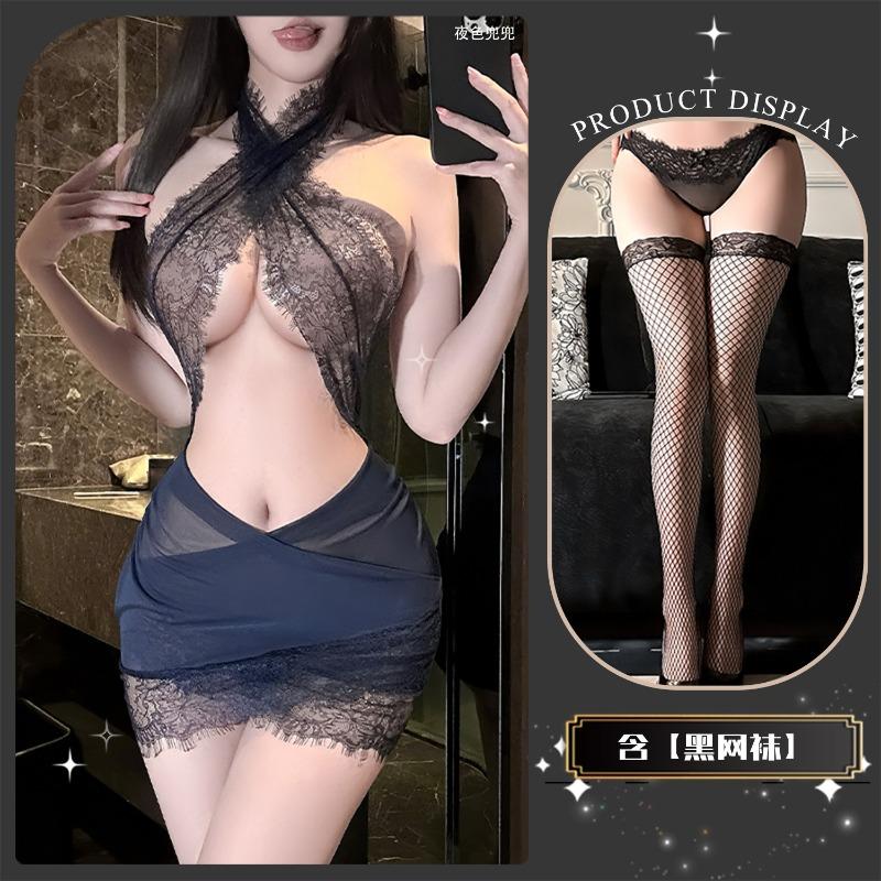 Sexy Lingerie Women's Sexy Tight Neck Lace Secretary Uniform Soft Yarn Hip Skirt Maid Suit