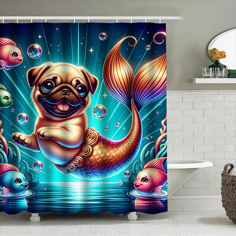 Magical Mer-Pug Shower Curtain Cute Cartoon Pug Fish Tail Bath Decor For Kids Bedroom Blue Ocean Bubble Print Home Decoration Sh