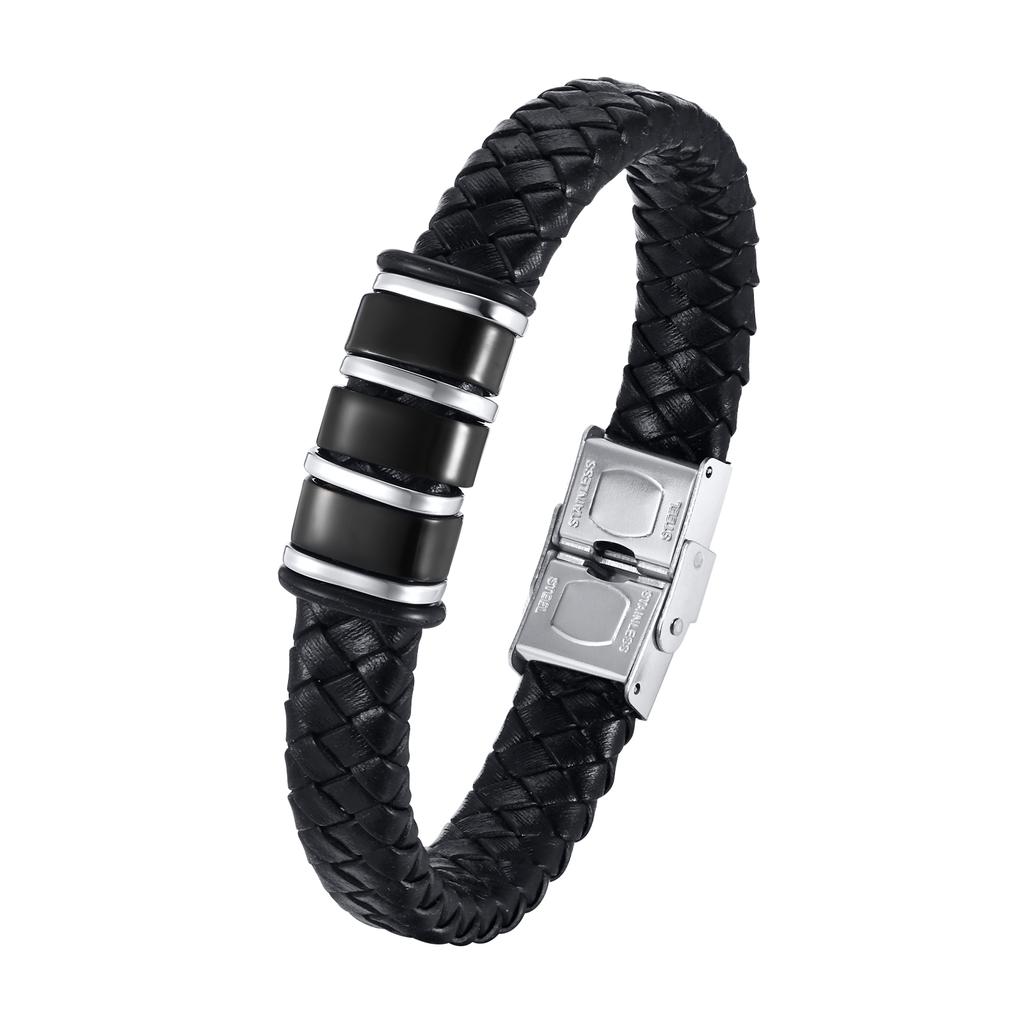Vnox Free Personalized Family Names Stainless Steel Beads Bracelets Gift for Dad Grandpa, Mens Leather Wristband,Christmas Gift
