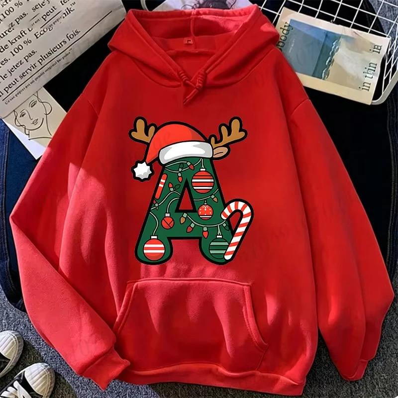 Festive Christmas Alphabet Letter with Santa Hat Graphic Hoodies Xmas Family Matching Holiday Party Sweatshirts Tops Gifts