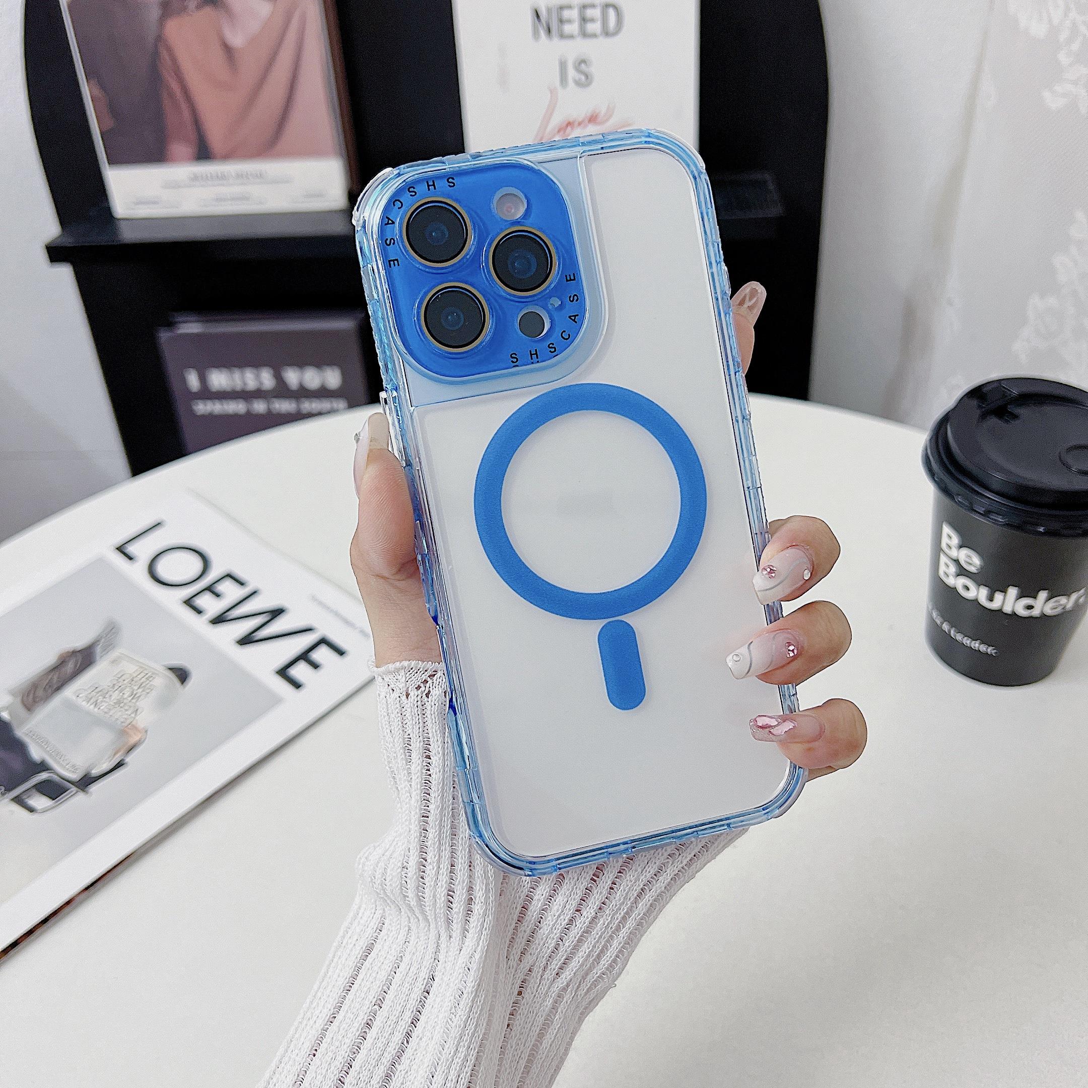 

For iPhone 16 Pro Magnetic Case Clear Colorful Frame TPU+PC Phone Back Cover with Lens Film Blue