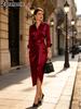 Herbst Neues Satin Elegantes Hemdkragen Einfarbig Langarm Damen Midi-Kleid Damenbekleidung