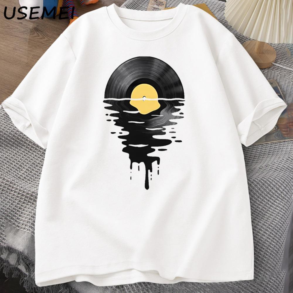 Record T Shirt Vinyl Cool Sunset Retro Music Lover DJ Music Teacher Cotton Short Sleeved Summer S белый