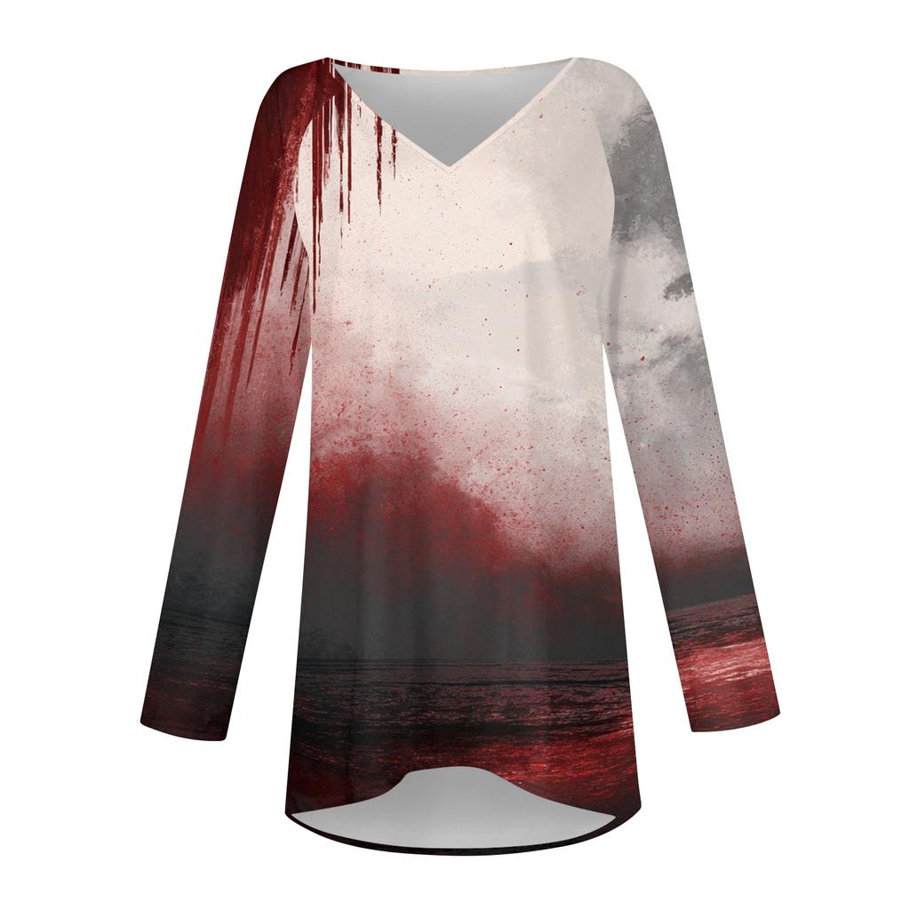 Women's Casual Long Sleeve V-Neck Print Tunic Top for Fall