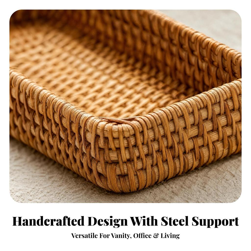 Natural Rectangular Woven Rattan-Style Storage Tray Sleek Open-Top