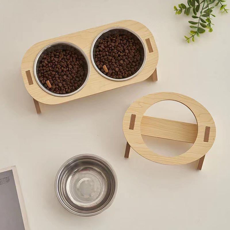 Elevated Pet Bowls Tilted Single/Double Cat Stainless Steel Food Bowls Wooden Dog Water Feeding Container Cat Supplies