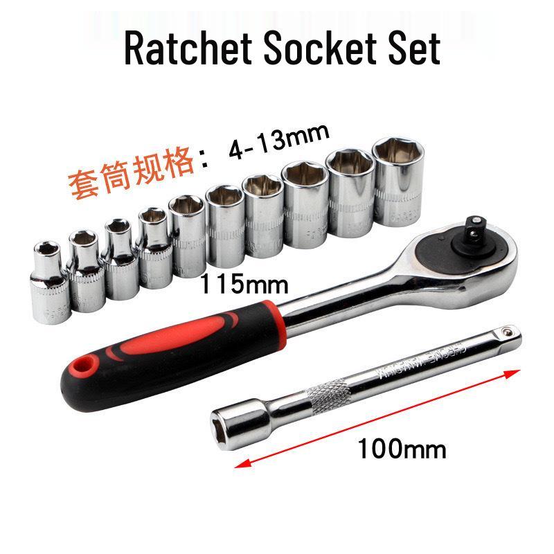12-Piece Chrome Vanadium Steel Socket Wrench Set with Extension Bar and Ratchet