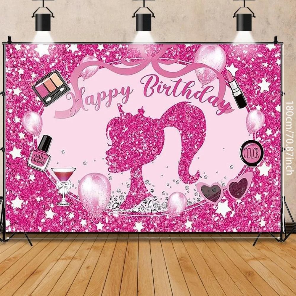 Sparkling Balloon Makeup and Spa Themed Banner Background Pink Girl Princess Birthday Party Decoration Photography Background