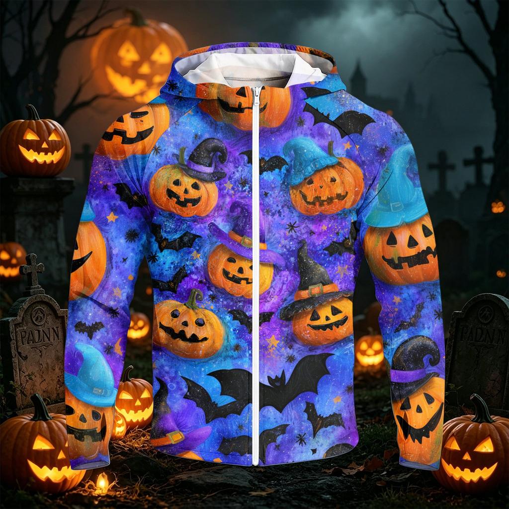 Men's Casual Raglan Sleeve Hooded Long Sleeve Sun Protection Jacket Halloween Pumpkin Print Lightweight Zip Up Outerwear