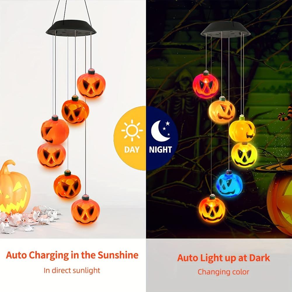 Solar-Powered Halloween Pumpkin Wind Chimes with Colorful LED Lights Angry Pumpkin Hanging Decor for Garden Porch Patio Windows