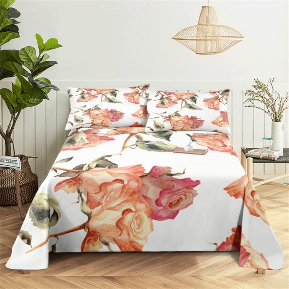 Pink Rose Bed Sheet Sets 3D Print Flowers Flat Soft Cover For Women Kids Girls King Queen Full Twin Size Linen Room Decor