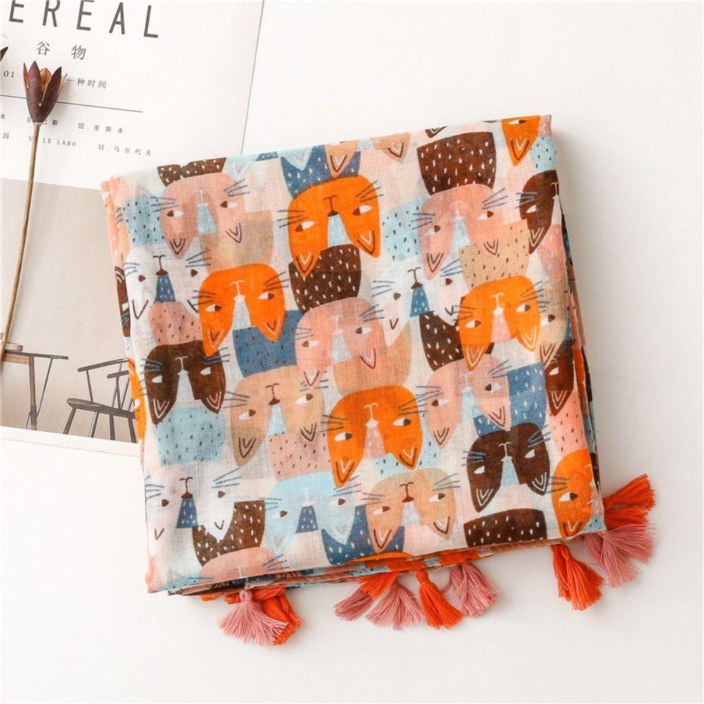 Bohemian Cat Pattern Tassel Scarf Long Animal Print Scarves Elegant Ethnic Style Wrap Female