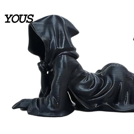 Literary Art Gift Hooded Laying Lady Reaper Figurine, 3D Printed Gothic Dark Fantasy Sculpture, Niche Collectible Black Robed Women Statue