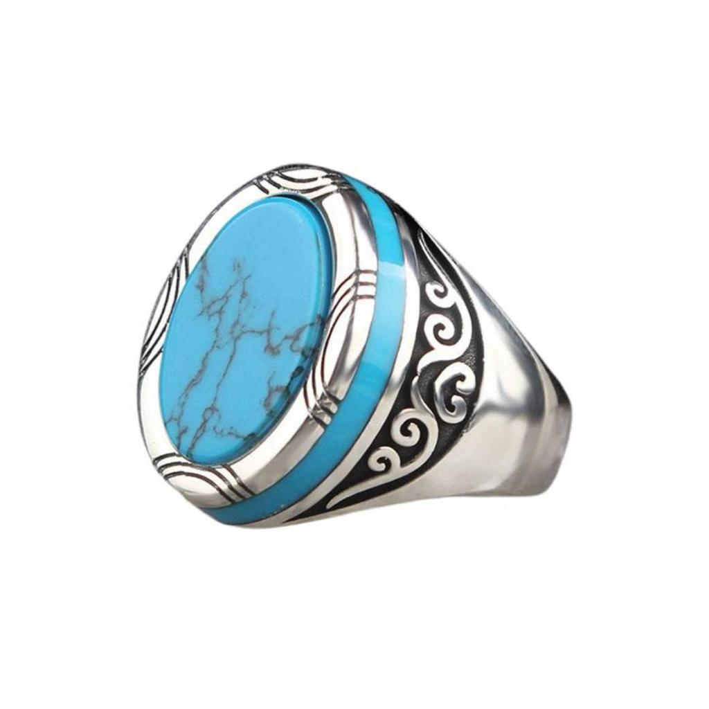 Hecheng Turquoise Gemstone Retro Punk Men's Ring
