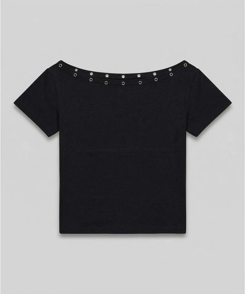CHICKS Eyelet One-Shoulder Slim Short Sleeve Dark Beige