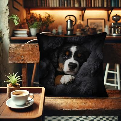 1pc Bernese Mountain Dog Puppy Pillowcase - Soft Comfortable Polyester Short Plush Fabric, Single-Sided Print, 44.96 X 44.96 Cm, Machine Washable, Zip