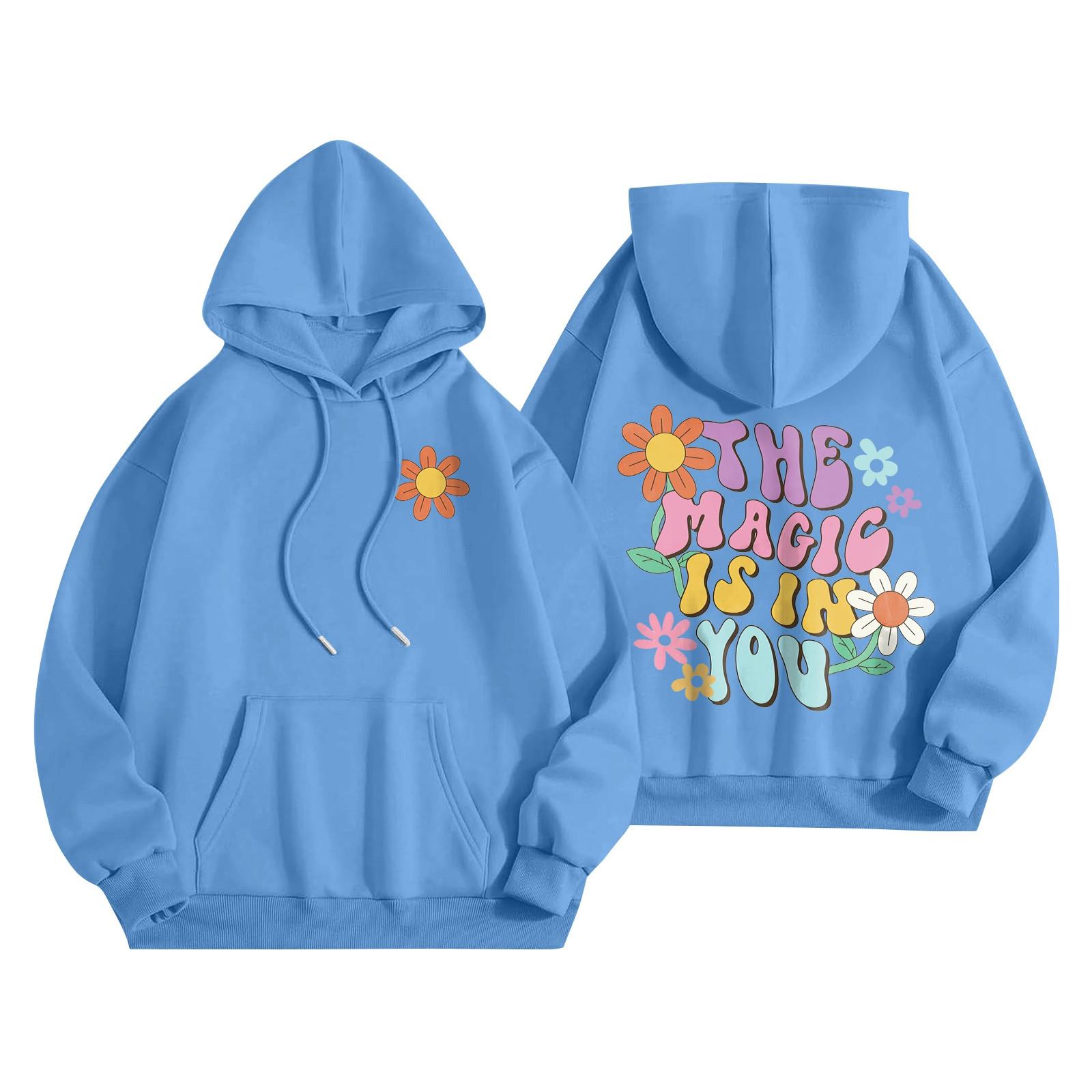 

Толстовки для девочек-подростков с длинным рукавом и принтом букв, повседневные графические толстовки с капюшоном, пуловер с завязками, симпатичная толстовка большого размера XL небесно-голубой