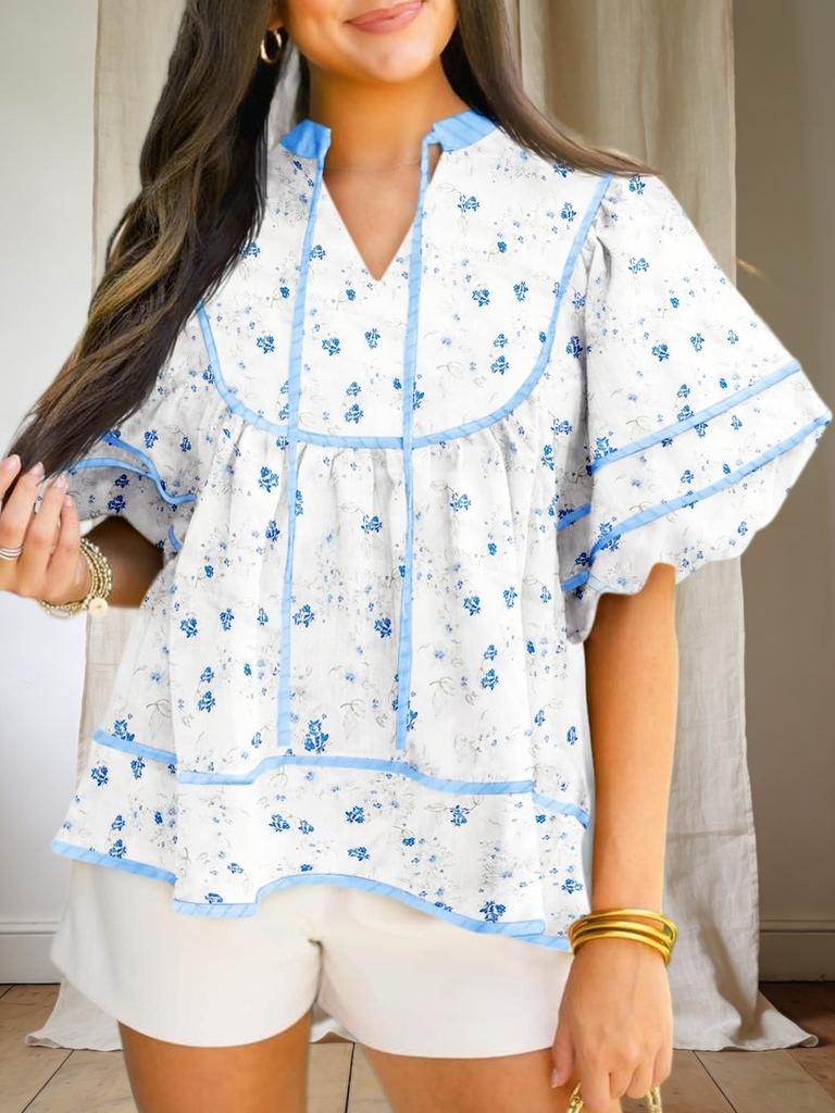 Blusa da Donna Floreale Babydoll Scollo a V Manica Corta a Lanterna Larga Top Estivo
