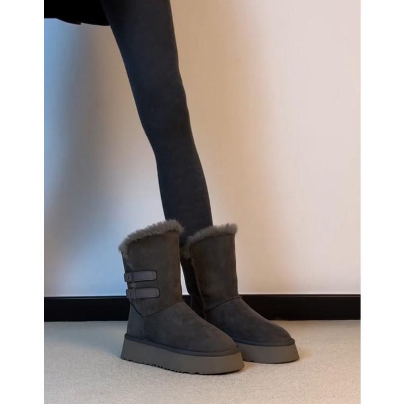 Thick-soled belt buckle fur integrated snow boots women s plush warm fluffy shoes short boots cotton boots 35