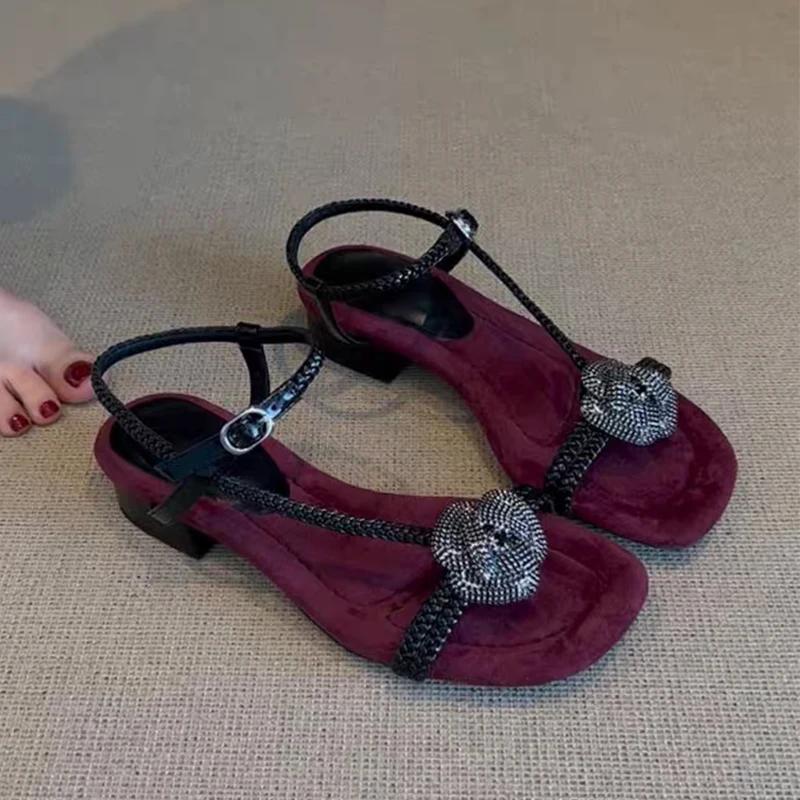

Flower Women s Sandals Mid Heels Elegant Shoes 2025 Chunky Woman Slippers Sexy Summer New Dress Pumps Luxury Sandalias De Mujer 40 вино красного