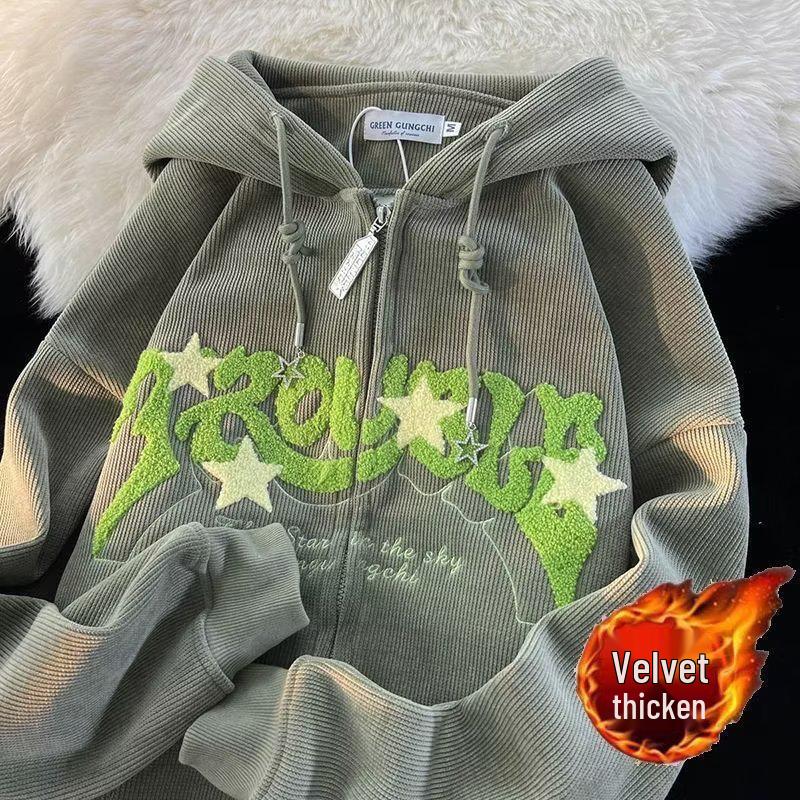 Women’s Vintage Star Corduroy Hooded Jacket - Trendy Loose Fit for Spring & Autumn