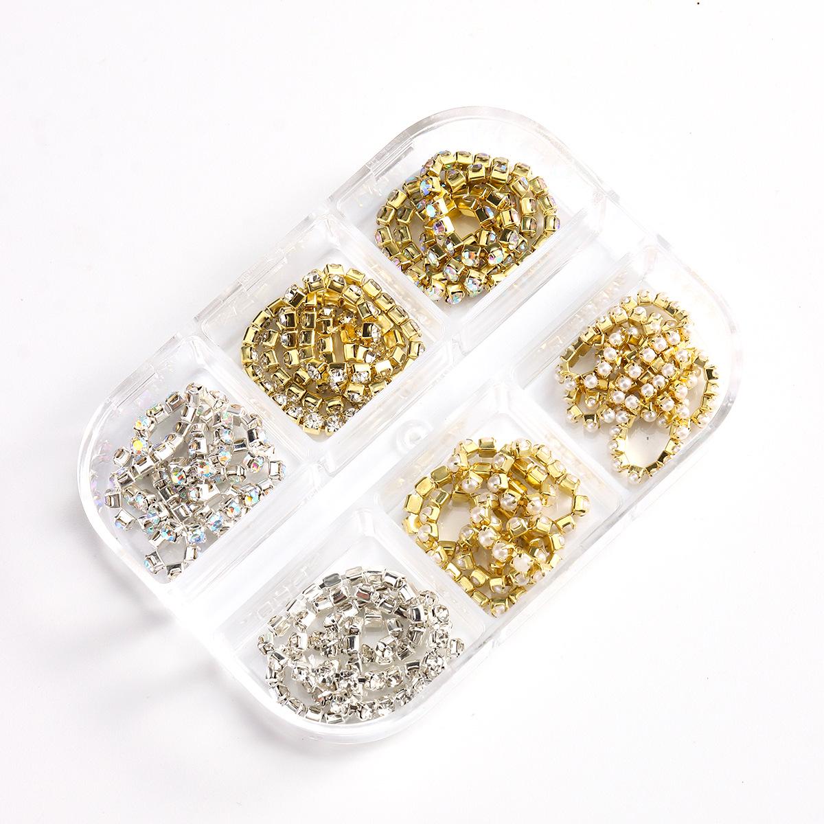 Gold & Silver Rhinestone Chain Nail Art Set - 6-Grid Boxed French Nail Decoration Accessories