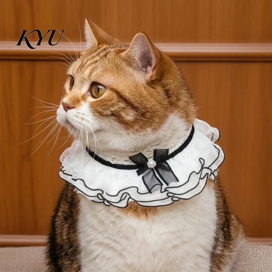 Lace Ruffle Cat Collar Collar, Elegant Pet Bandana Bib with Bow Knot, Retro Puppy Formal Neckwear Cute Princess for Cats Small Dogs Wedding