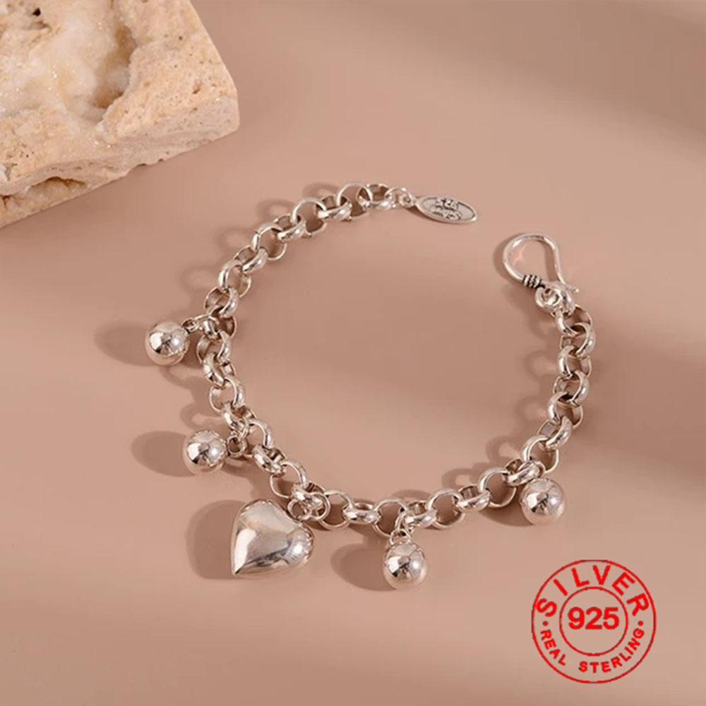 

BFCLUB Silver Color Heart Ball Bracelet for Women Men Vintage Handmade Hasp Bracelet Birthday Gift S-B451