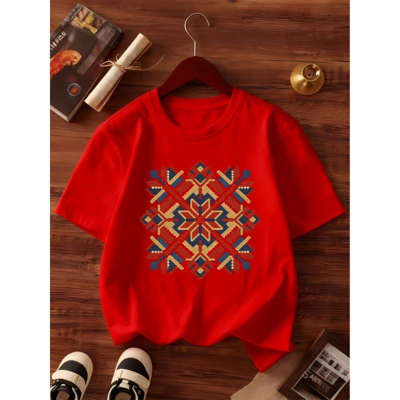 European sizes Round Neck T-Shirt, Summer Casual Comfortable Athletic Fashion Girls' Clothing, Slavic Ethnic Style