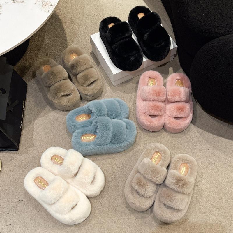Large size trendy fashionable soft m outer wear fluffy slippers women's flat bottom one-word drag autumn new thickened