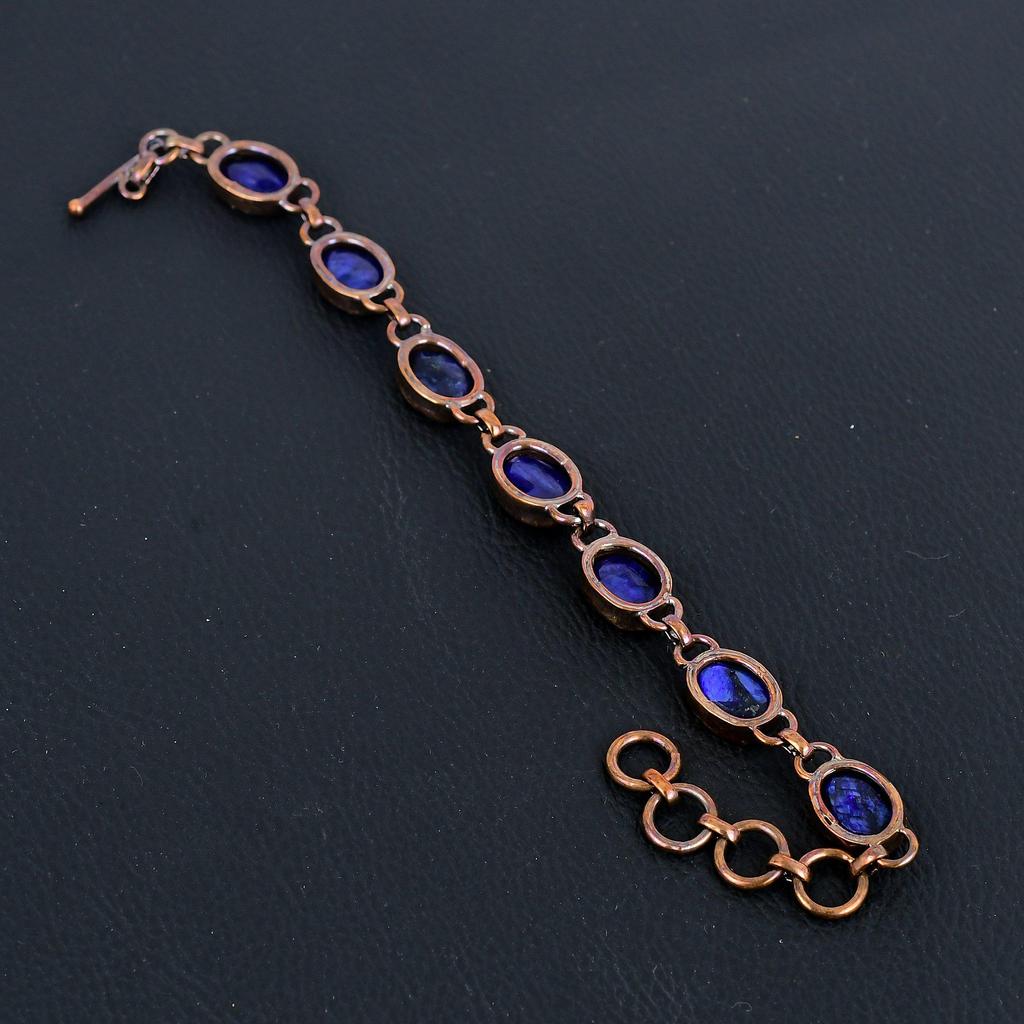 Blaues Saphirarmband, Handgefertigtes Edelsteinarmband, Kupfer elektrogeformter Antikschmuck, Für Verlobungsgeschenk