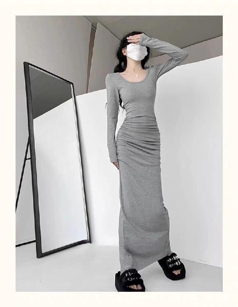 French Retro Solid Color Dress - 2026 Slim-Fit Waist-Cinching Skirt for Spring/Autumn