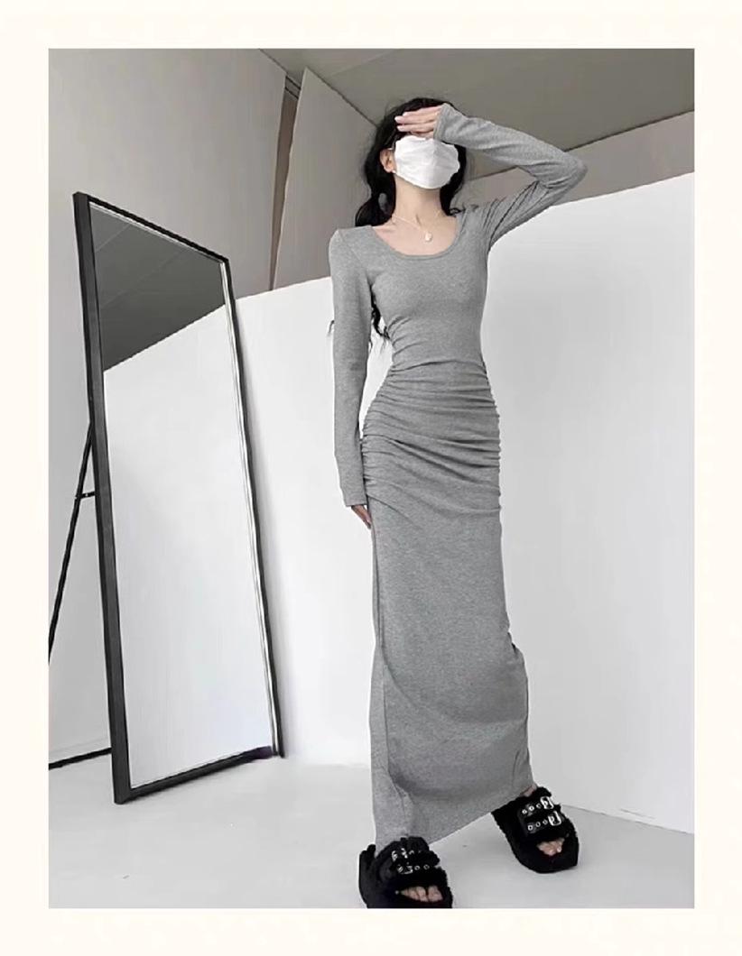 French Retro Solid Color Dress - 2026 Slim-Fit Waist-Cinching Skirt for Spring/Autumn S