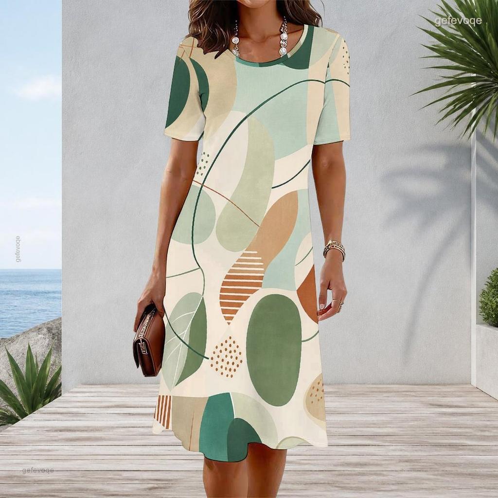 Women Plus Size Round Neck Short Sleeve Geometric Printed A Line Midi Dress