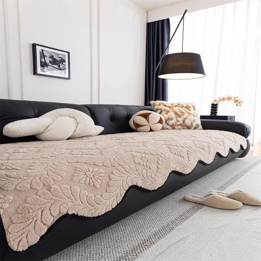 Vintage High-End Straight Sofa Cushion Autumn And Winter Plush Leather Sofa Special Cushion Fixed Anti-Slip Cover Cover Cloth