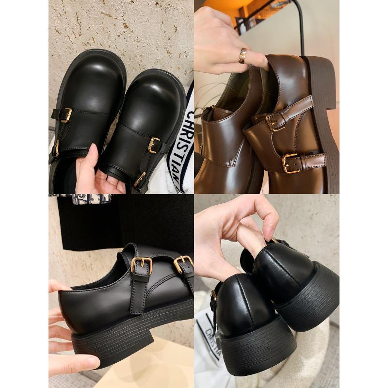 Cowhide Version Grape Mother Double Buckle with Round Head Leather One-pedal British Style Platform Small Leather Shoes Women's Loafers Mickey