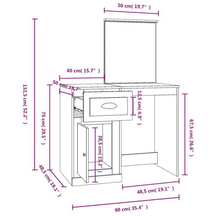VidaXL Coiffeuse avec Miroir, Table de Maquillage avec Rangement, Table Cosmétique, Meuble de Chambre à Coucher, Moderne, 816761
